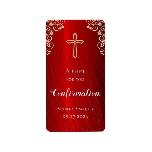 Personalised Confirmation Red Gold Hand Sanitizer  Label (Front)