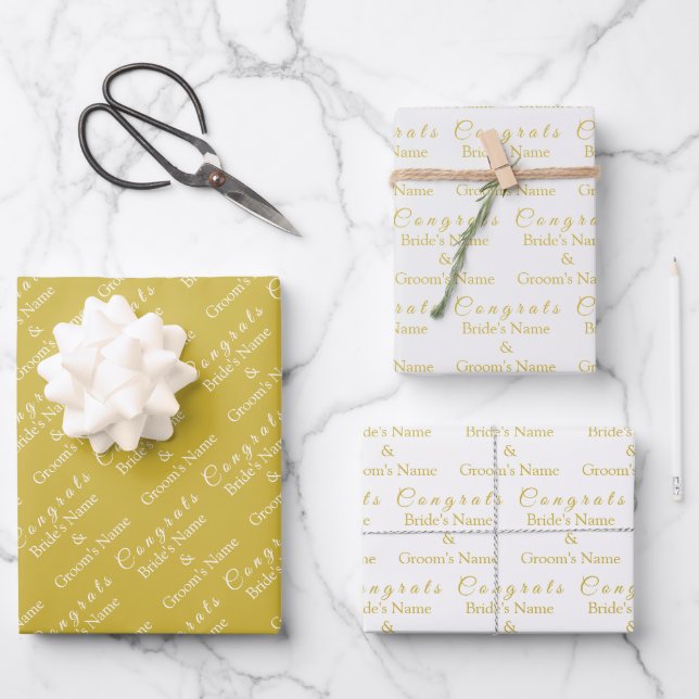 Personalised Congrats Name! Old Gold White Wedding Wrapping Paper Sheet (Front)