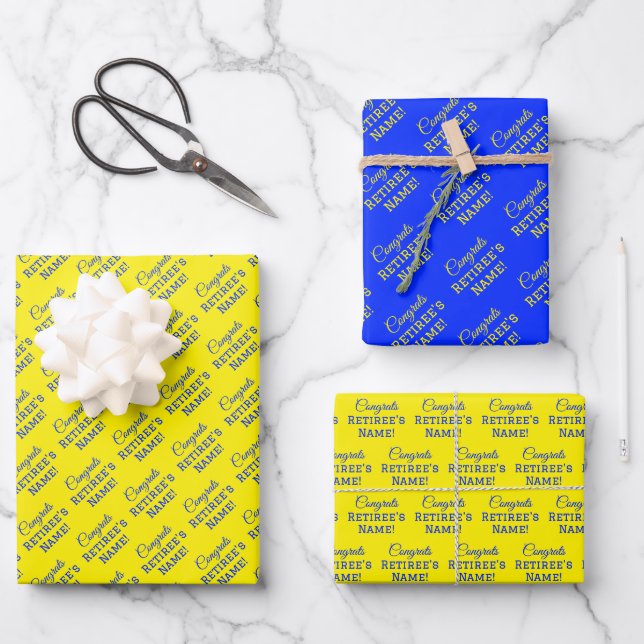 Personalised Congrats Retiree! Blue on Gold Wrapping Paper Sheet (Front)