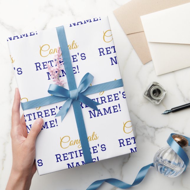 Personalised Congrats Retiree! Gold, Blue & White Wrapping Paper (Gifting)