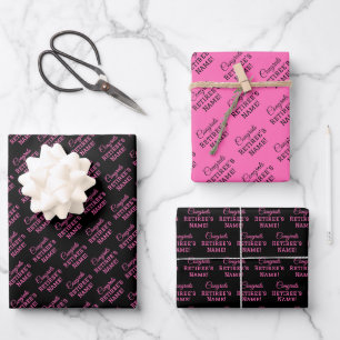 Personalised Congrats Retiree! Hot Pink on Black Wrapping Paper Sheet