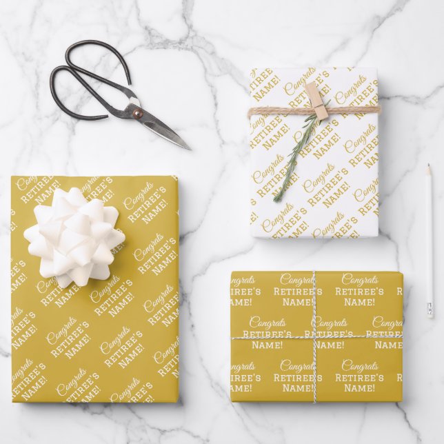 Personalised Congrats Retiree! Metal Gold & White  Wrapping Paper Sheet (Front)