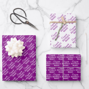Personalised Congrats Retiree! White on Purple Wrapping Paper Sheet
