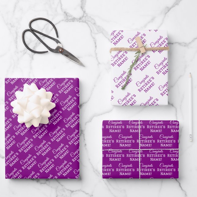 Personalised Congrats Retiree! White on Purple Wrapping Paper Sheet (Front)