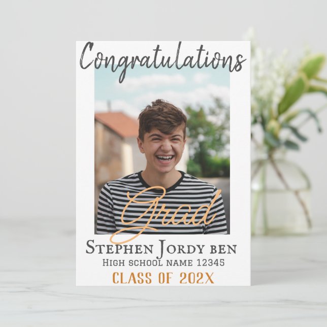 Personalised Congratulations script Graduate Photo Holiday Card (Standing Front)
