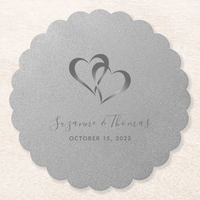 Personalised Connected Hearts Silver Grey Paper Coaster (Front)