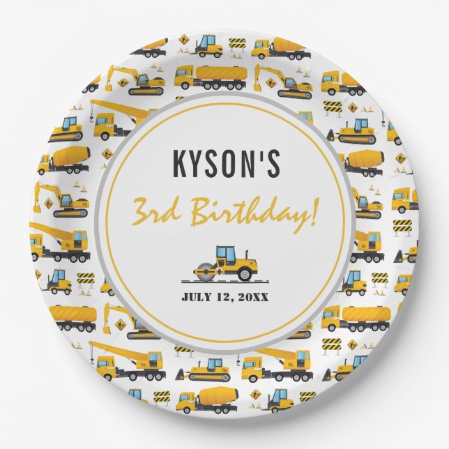 Personalised Construction Dump Truck Birthday Paper Plate (Front)
