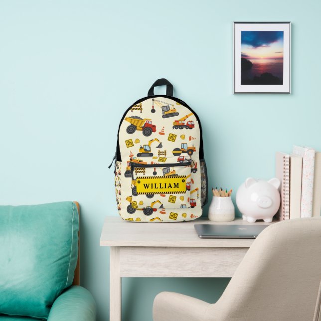 Personalised Construction Truck Machines Theme Printed Backpack (Insitu)