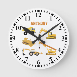 Personalised Construction Trucks Kids Round Clock