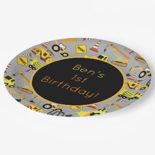 Personalised Construction Trucks Pattern Paper Plate