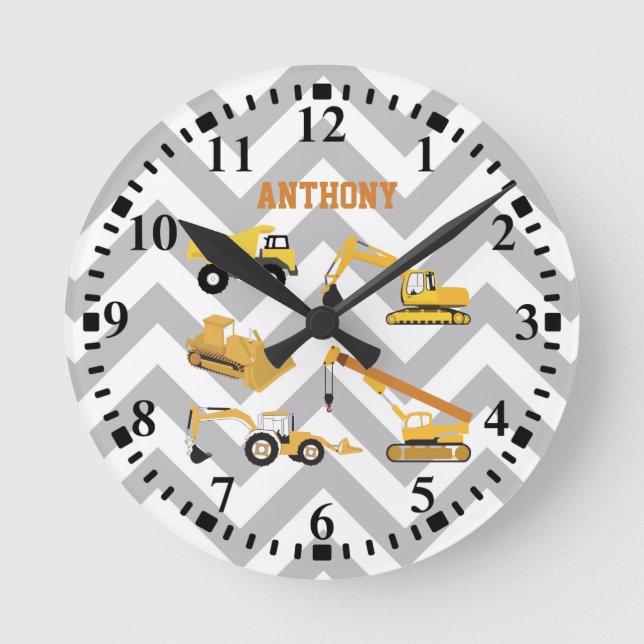 Personalised Construction Trucks Pattern Round Clock (Front)