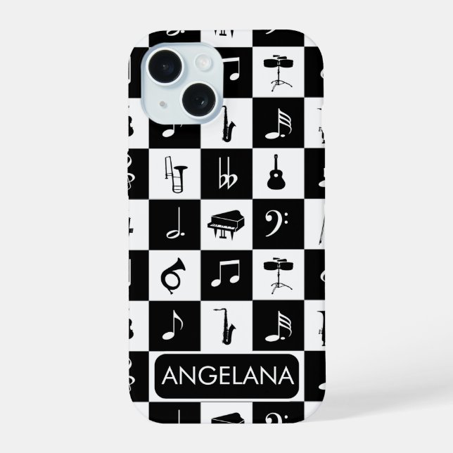 Personalised contemporary music design iPhone 15 case (Back)