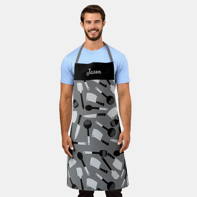 Personalised Cooking Utensils Pattern Apron (Worn)