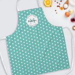 Personalised Cooking Vintage Teal Apron<br><div class="desc">Custom cooking apron featuring a fresh teal background that can be changed to any colour,  a vintage polka dot pattern,  your initial,  name,  and a sweet baking quote.</div>