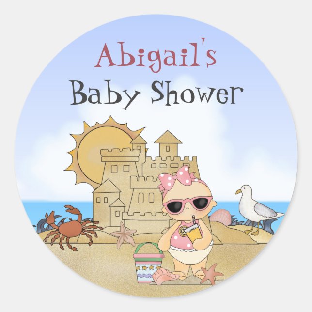 Personalised Cool Beach Baby Girl Baby Shower Classic Round Sticker (Front)