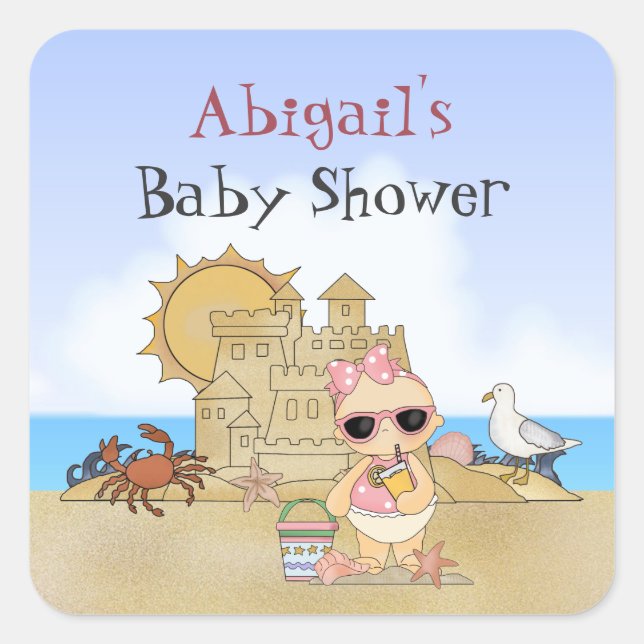 Personalised Cool Beach Baby Girl Baby Shower Square Sticker (Front)