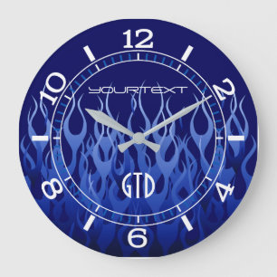 Personalised Cool Blue on Blue Racing Flames on a Large Clock