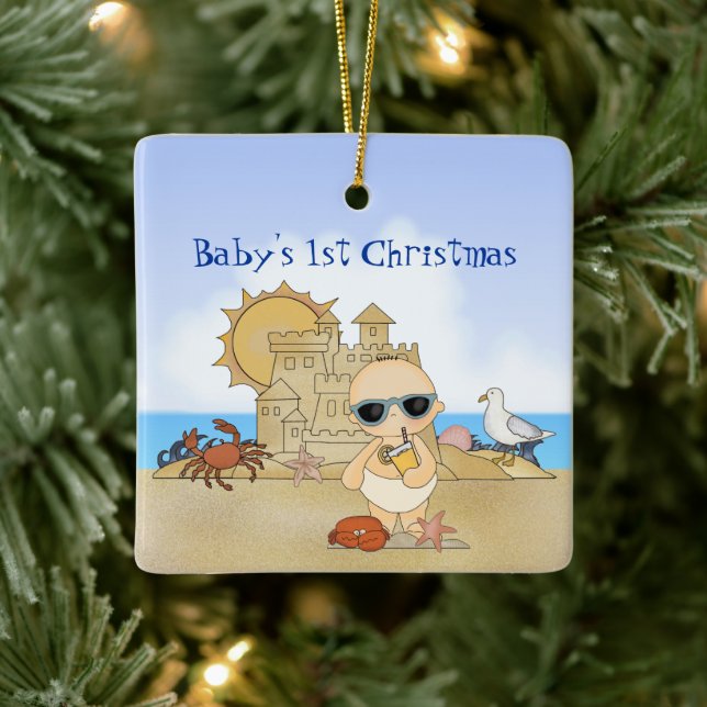 Personalised Cool Boy Beach Baby's 1st Christmas Ceramic Ornament (Tree)