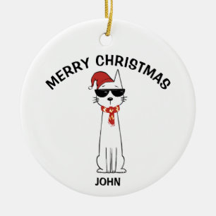 Personalised Cool Cat 1 Merry Christmas Ceramic Tree Decoration