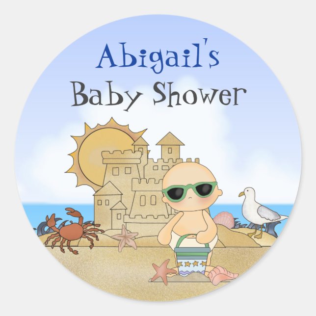 Personalised Cool Cute Beach Baby Boys Baby Shower Classic Round Sticker (Front)