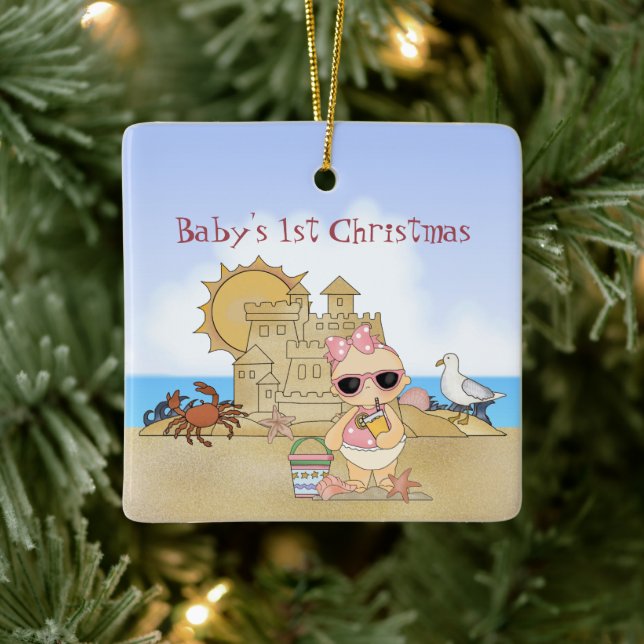 Personalised Cool Girl Beach Baby's 1st Christmas Ceramic Ornament (Tree)