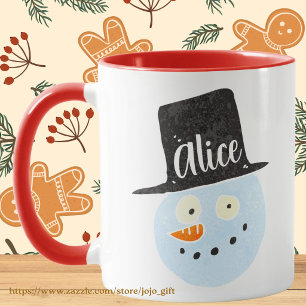 Personalised cool graphic snowman smiling face red mug