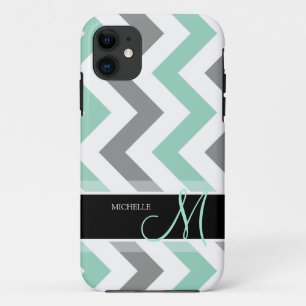 Personalised Cool Mint and Grey Chevron iPhone 11 Case