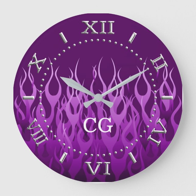 Personalised Cool Purple Racing Flames Dial on a Large Clock (Front)