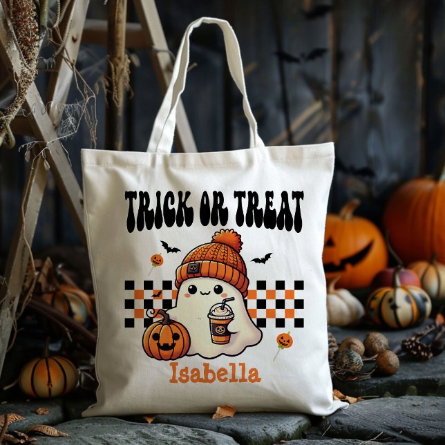 Personalised Cool Retro Ghost Trick Or Treat Candy Tote Bag (Creator Uploaded)