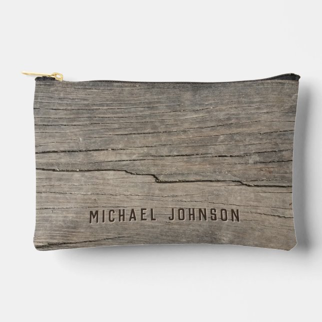 Personalised Cool Rustic Wood Texture Accessory Pouch (Front)