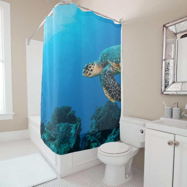 Personalised Cool Sea turtle Blue Ocean Shower Curtain (In Situ)