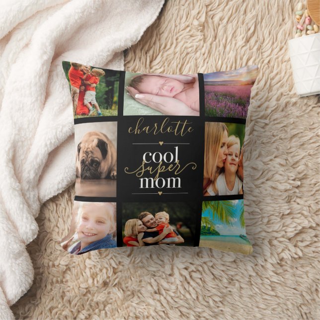 Personalised Cool Super Mum 8 Photo Collage Cushion (Blanket)