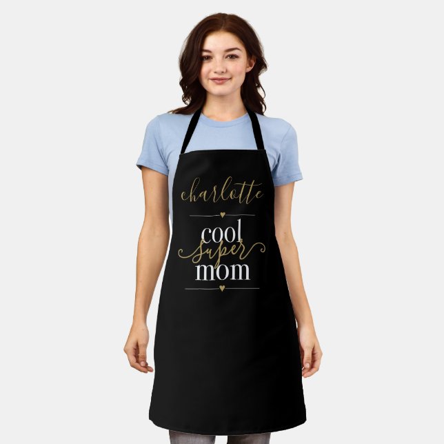 Personalised Cool Super Mum Black And Gold Apron (Worn)