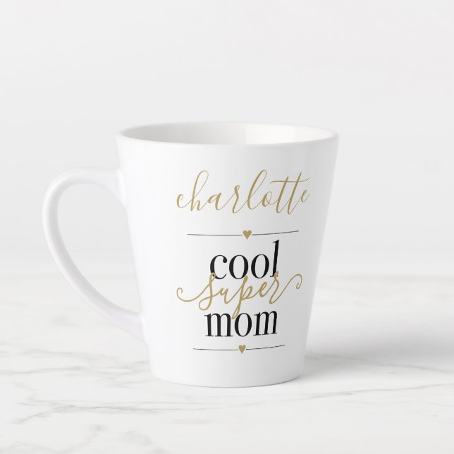 Personalised Cool Super Mum Black And Gold Latte M Mug (Left)