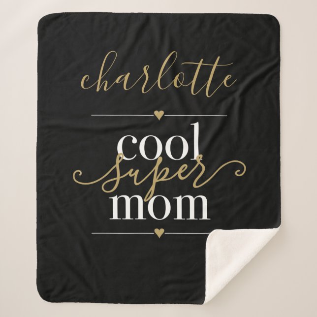 Personalised Cool Super Mum Black And Gold Sherpa Blanket (Front)