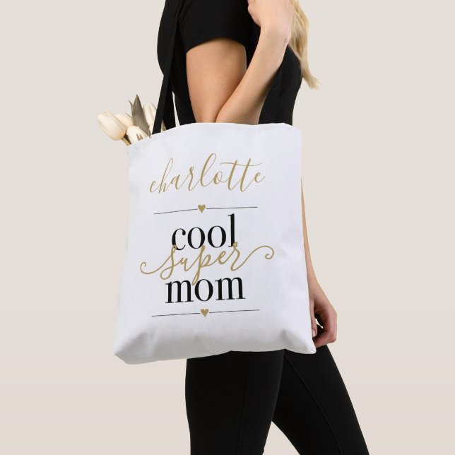 Personalised Cool Super Mum Black And Gold Tote Bag (Close Up)