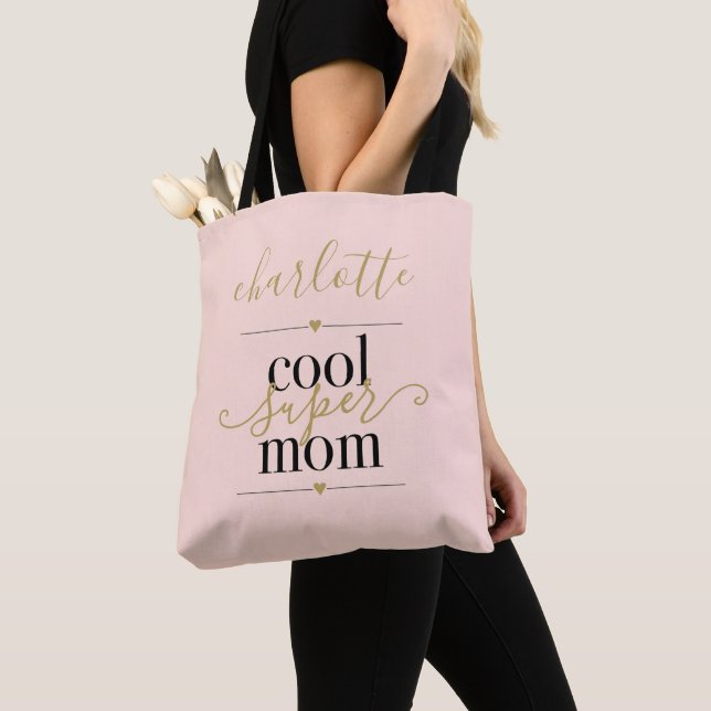 Personalised Cool Super Mum Blush Pink And Gold Tote Bag (Close Up)