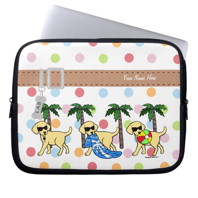 Personalised Cool Yellow Labs Cartoon Polka Dot Laptop Sleeve (Front)