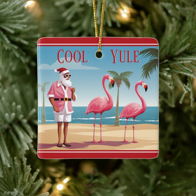 Personalised Cool Yule Santa Beach Christmas Ceramic Ornament (Tree)
