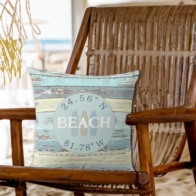 Personalised Coordinates Beach Driftwood Cushion (Personalized Coordinates Beach Driftwood Throw Pillow)