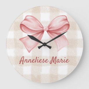 Personalised Coquette Bow and Beige Gingham Large Clock