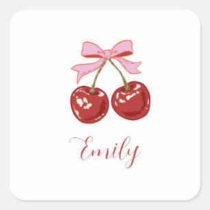  Personalised Coquette Cherry Bow Name Square Sticker