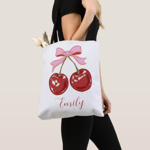 Personalised Coquette Cherry Bow Name  Tote Bag