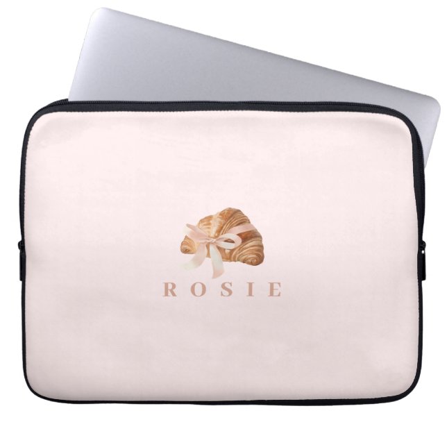 Personalised Coquette Croissant Pink Ribbon Laptop Sleeve (Front)