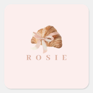 Personalised Coquette Croissant Pink Ribbon Square Sticker