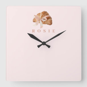 Personalised Coquette Croissant Pink Ribbon Square Wall Clock