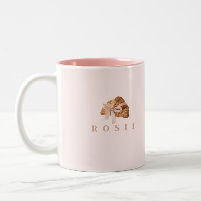 Personalised Coquette Croissant Pink Ribbon Two-Tone Coffee Mug (Left)