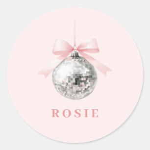 Personalised Coquette Disco Ball Pink Ribbon Classic Round Sticker