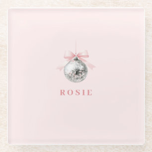 Personalised Coquette Disco Ball Pink Ribbon Glass Coaster