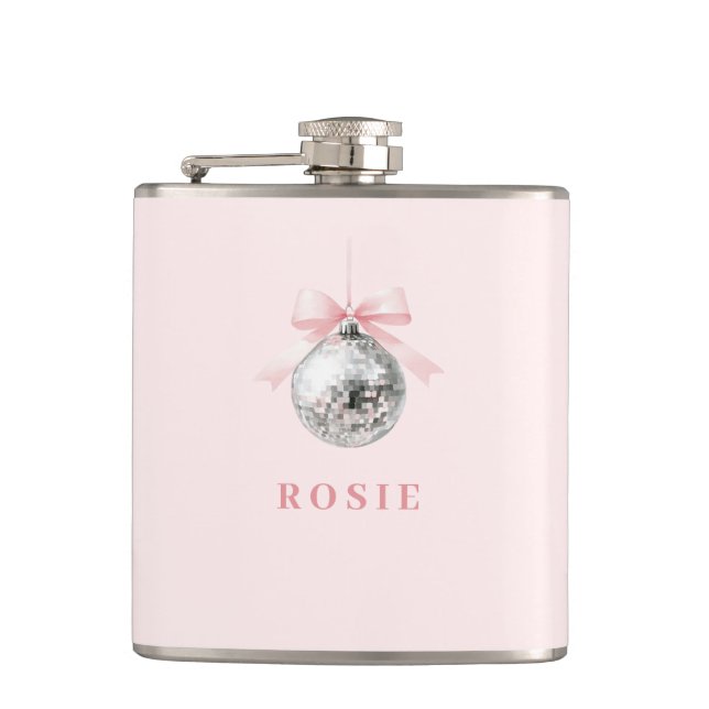 Personalised Coquette Disco Ball Pink Ribbon Hip Flask (Front)